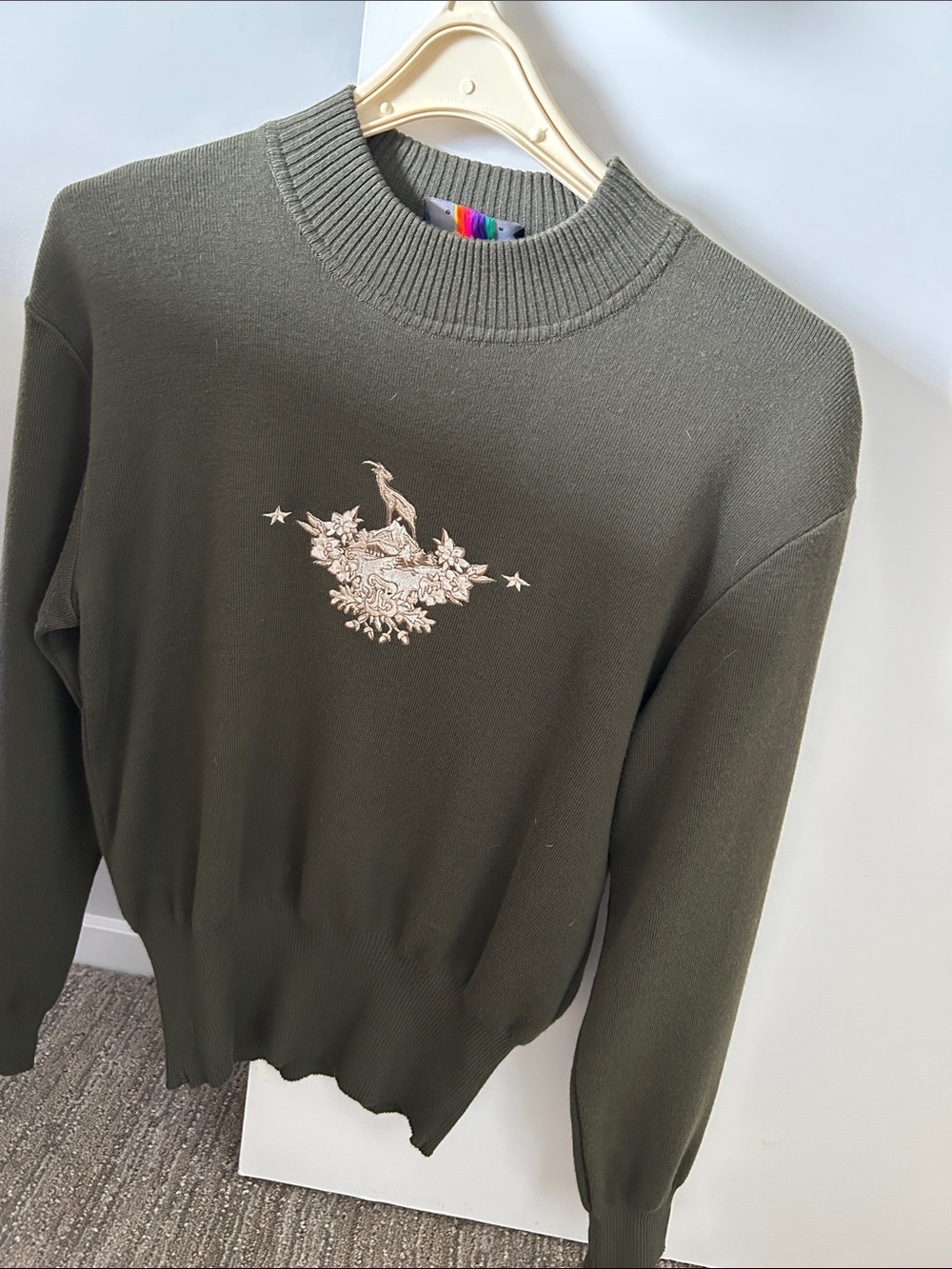 Bogner Olive Green Crewneck Sweater with Cream Embroidery